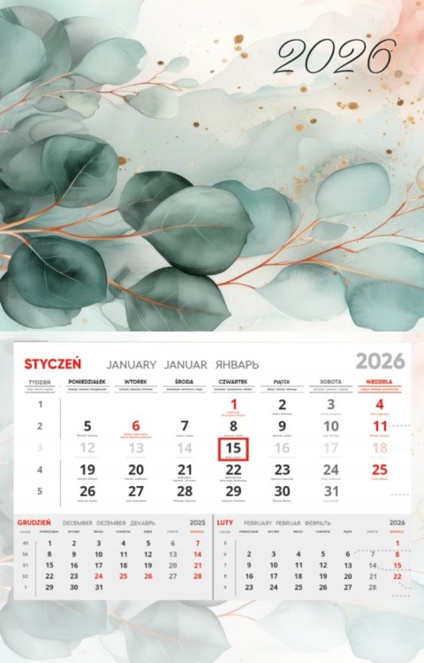 Kalendarz ścienny jednodzielny z wypukłą główką na 2026 T15